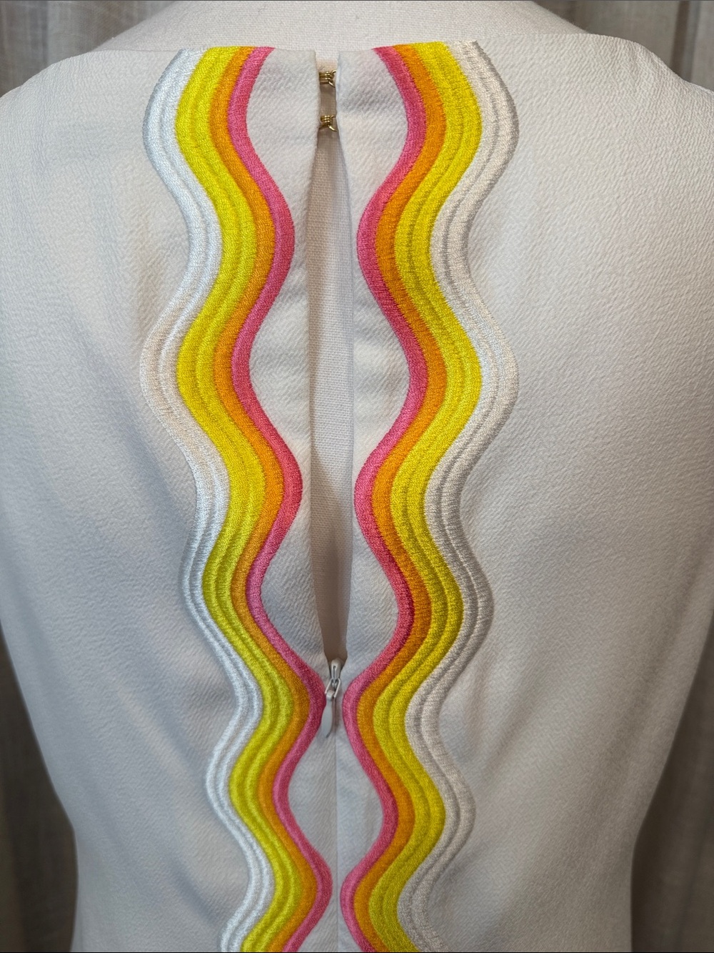 Trina Turk White Shift Dress Rainbow Ric Rac Trim Sleeveless Mod Mini-Size S/M - Picture 3 of 15